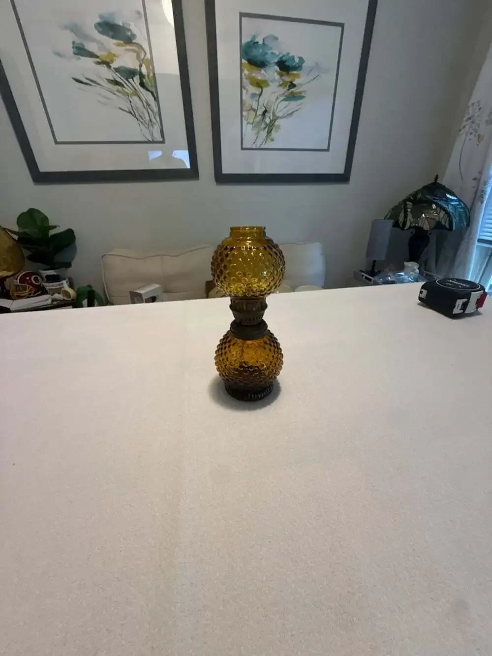 Vintage Miniature Amber Hobnail Glass Oil Lamp